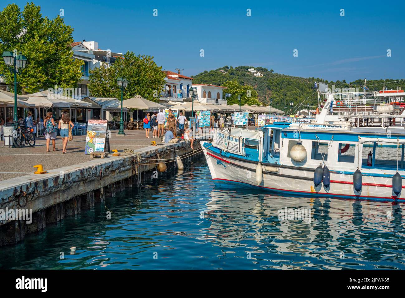 Vue sur les bateaux dans le Vieux Port dans la ville de Skiathos, île de Skiathos, îles Sporades, îles grecques, Grèce, Europe Banque D'Images