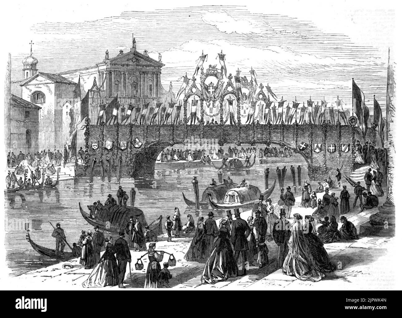 La visite du roi Victor Emmanuel à Venise, Pont décoré sur le Grand Canal - ILN 1866 Banque D'Images