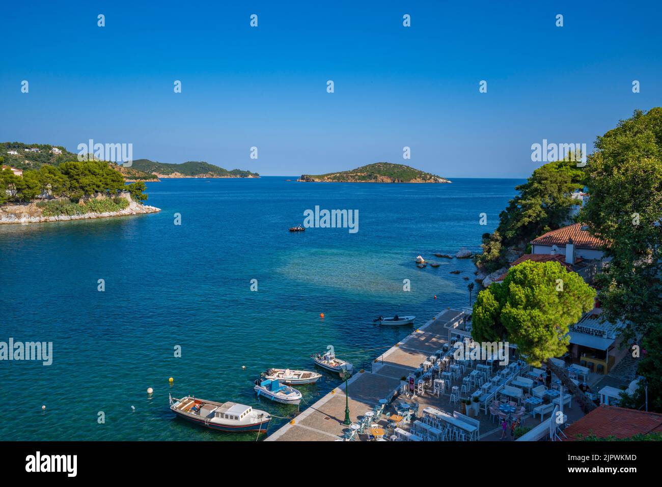 Vue sur les bateaux dans le Vieux Port par dessus, ville de Skiathos, île de Skiathos, îles Sporades, îles grecques, Grèce, Europe Banque D'Images