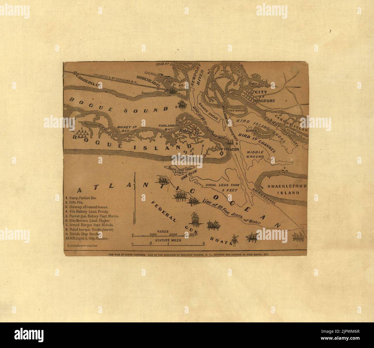 La guerre en Caroline du Nord. Carte de l'entrée du port de Beaufort, en Caroline du Nord, montrant la position de fort Macon, etc Banque D'Images