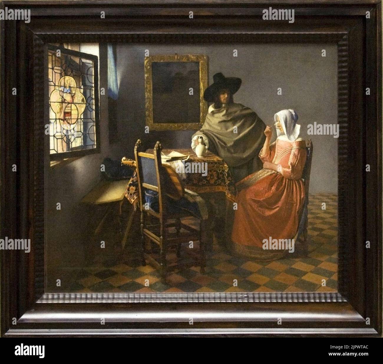 Le verre de vin, la peinture de Vermeer, avec cadre Banque D'Images