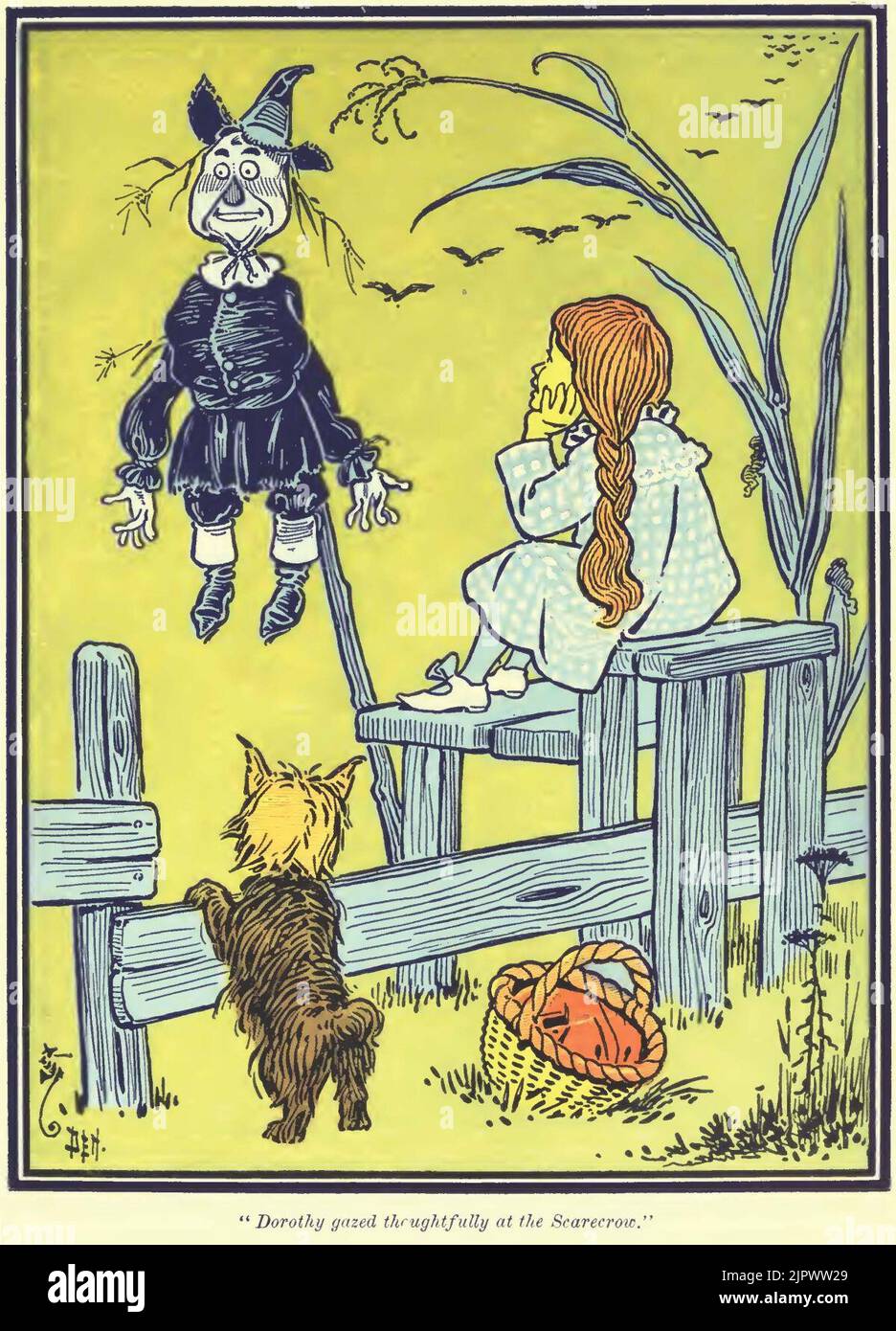 Le merveilleux magicien d'Oz, Dorothy a contemplé soigneusement le Scarecrow Banque D'Images