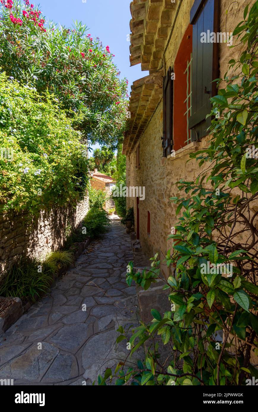 Ancienne ruelle pittoresque du village de Bormes-les-Mimosas, dans le département français du Var, en Provence-Alpes-Côte-d'Azur Banque D'Images