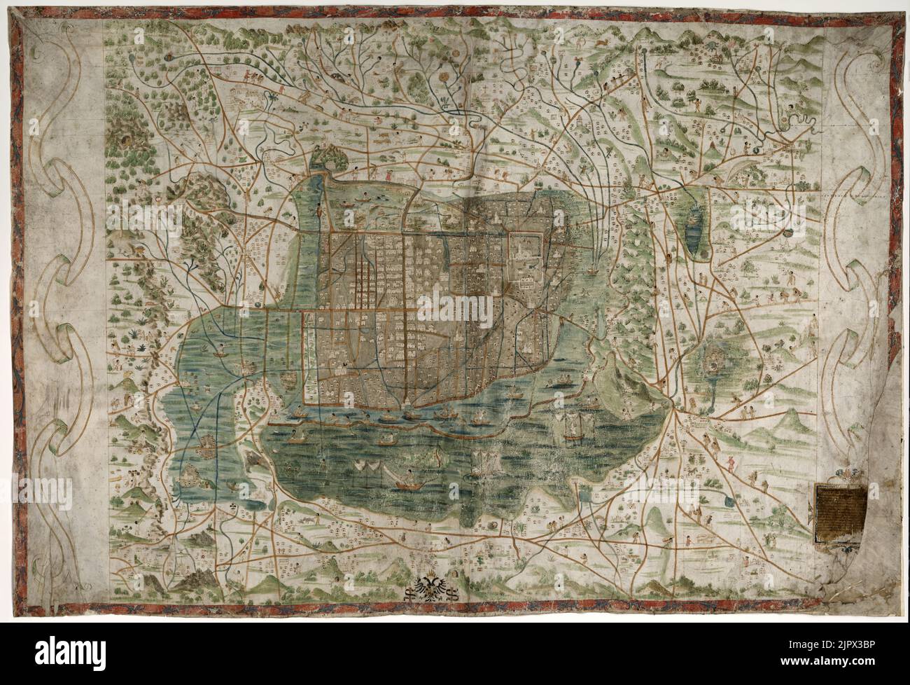 Carte topographique antique et picturale de Mexico et des environs en 1521 Banque D'Images