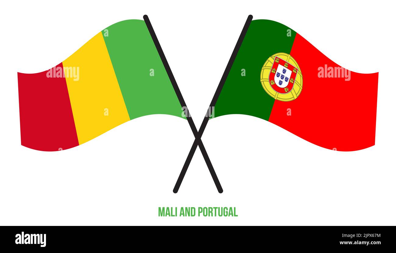 Mali et Portugal drapeaux croisés et ondulés de style plat. Proportion officielle. Corriger les couleurs. Banque D'Images