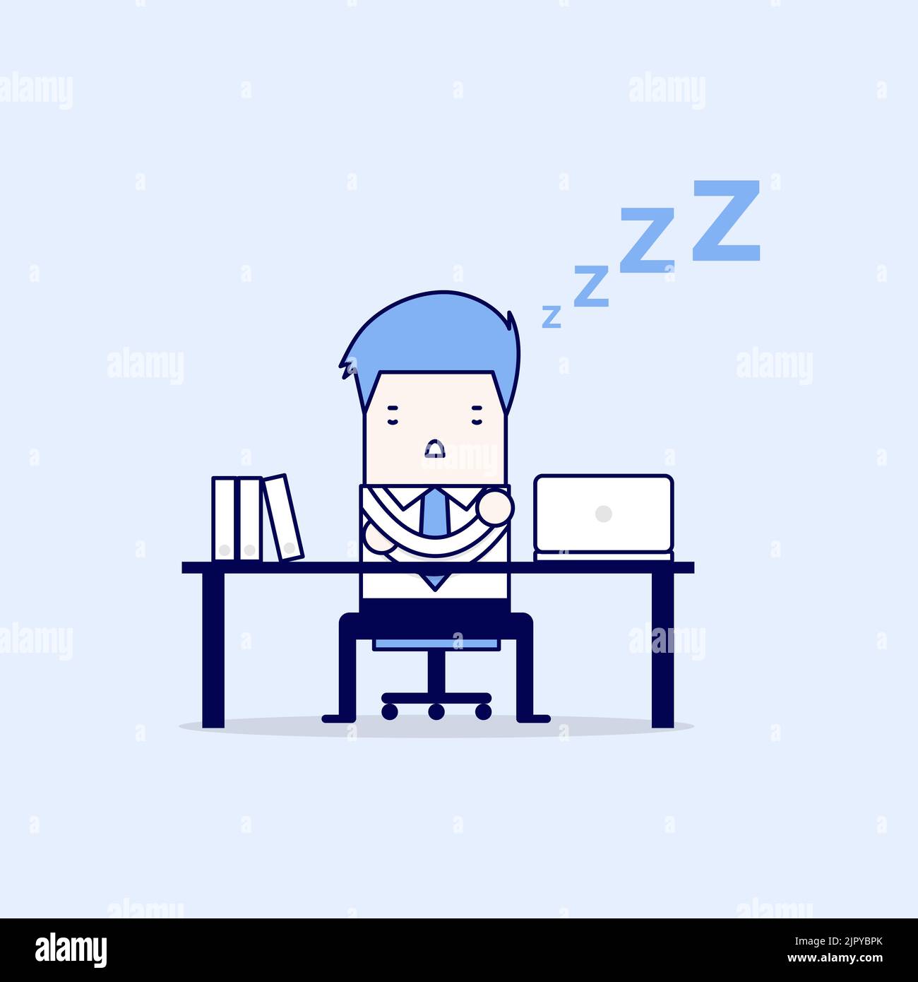 Un homme d'affaires fait une sieste à son bureau. Vecteur de style ligne fine de personnage de dessin animé. Illustration de Vecteur