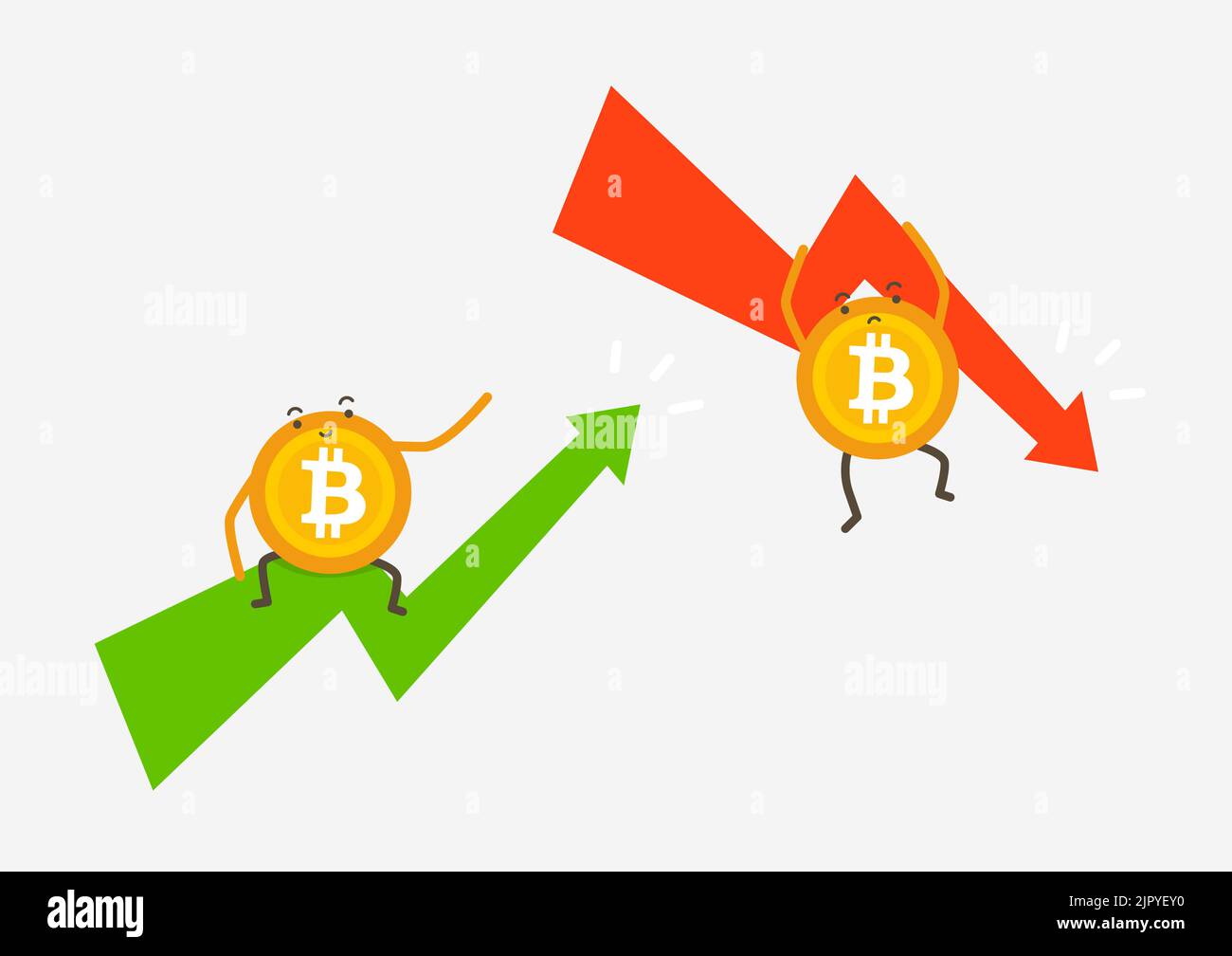 Bitcoin dans la tendance haussière ou baissière du marché de la monnaie crypto. Graphique avec flèche verte vers le haut ou rouge vers le bas. Concept de dessin animé crypto-monnaie. Illustration de Vecteur