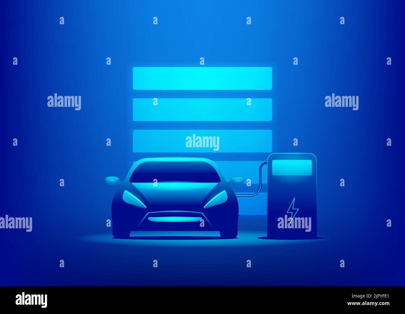 Recharge de voiture électrique ou électrique au niveau de la station de charge avec le câble d'alimentation branché sur fond bleu. Illustration de Vecteur