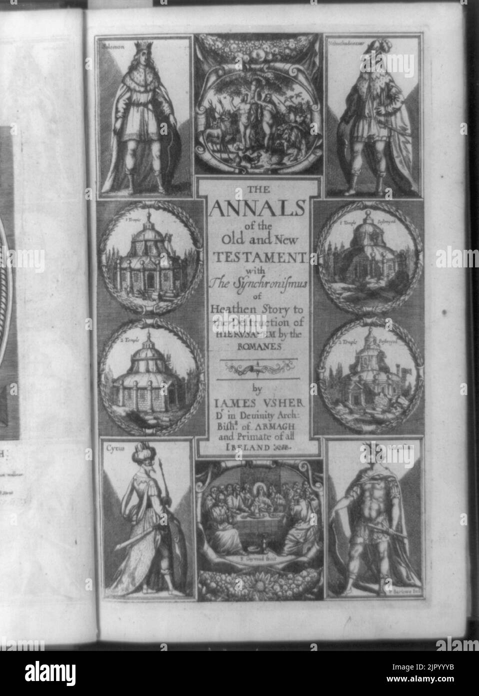 Page de titre d'une géologie scripturale, les annales du monde, avec des vignettes de frontière des rois bibliques Salomon et Nebucadnezzar, des temples avant et après la destruction, Cyrus, Vespasien, Adam Banque D'Images