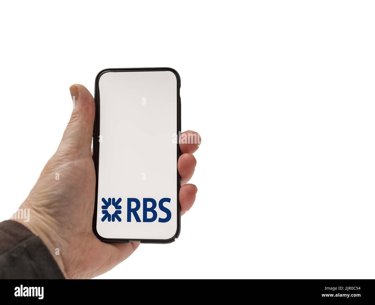 Cardiff Mid Glamorgan UK 20 août 2022 personne tenant un téléphone portable avec le logo de RBS Royal Bank of Scotland sur un fond blanc Banque D'Images