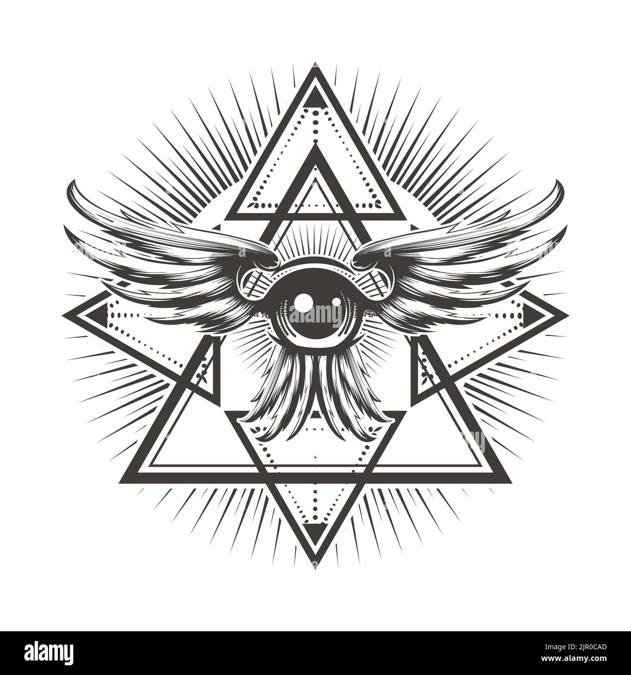 Tous les yeux de voir avec les ailes de géométrie sacrée. Illustration vectorielle ésotérique isolée sur blanc Illustration de Vecteur