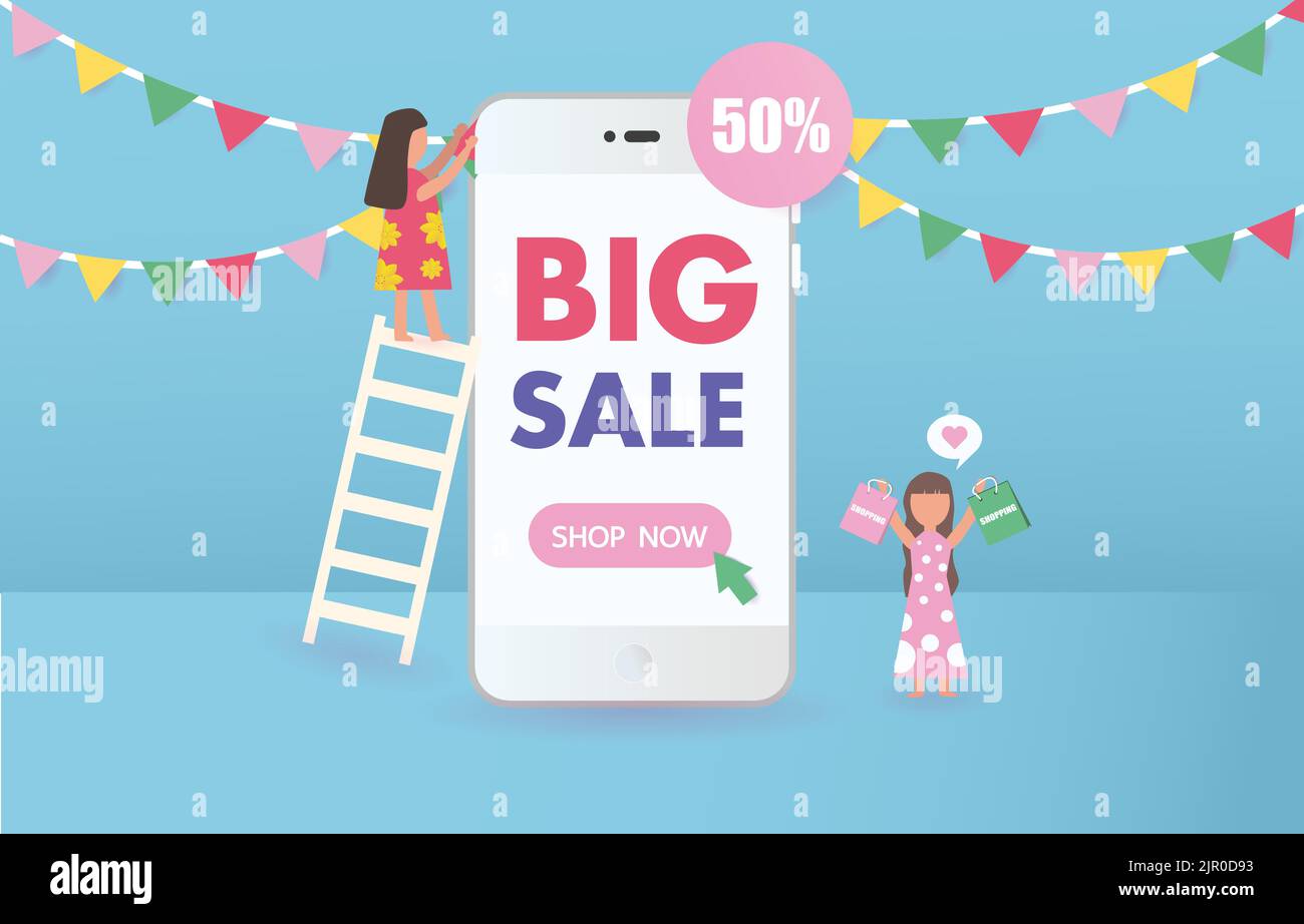 Grand solde sur téléphone mobile pour la vente en ligne. Deux filles joyeuses personnes décorant des drapeaux de célébration. Conception pour la bannière de site Web ou la vente d'affiche. Offre spéciale Illustration de Vecteur