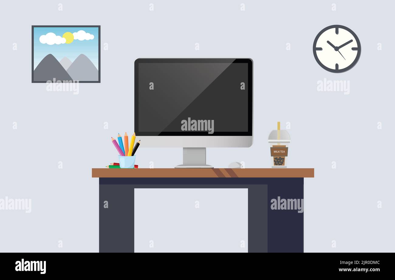 Bureau intérieur avec ordinateur avec crayons de couleur dans un verre pour le travail et thé de lait de bulle sur la table. Ainsi sur le mur gris ont le cadre d'image et le cloc Illustration de Vecteur Bureau intérieur avec ordinateur avec crayons de couleur dans un verre pour le travail et thé de lait de bulle sur la table. Ainsi sur le mur gris ont le cadre d'image et le cloc Illustration de Vecteur