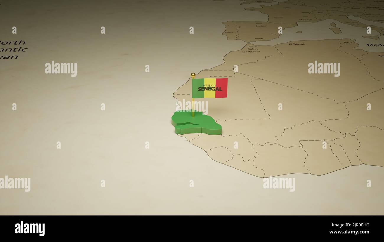 Sénégal carte et drapeau design 3D rendu, Happy Independence Day avec fond social médias. Banque D'Images