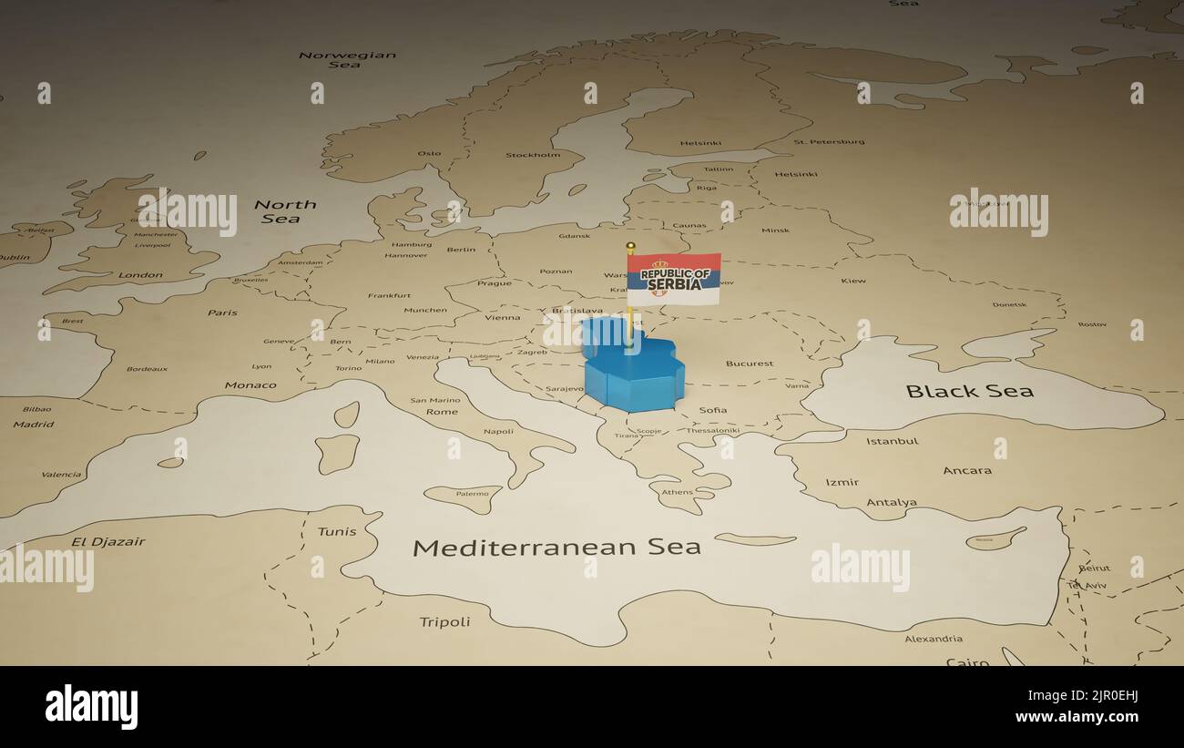 Carte de Serbie et drapeau design 3D rendu, Happy Independence Day avec fond de médias sociaux. Banque D'Images