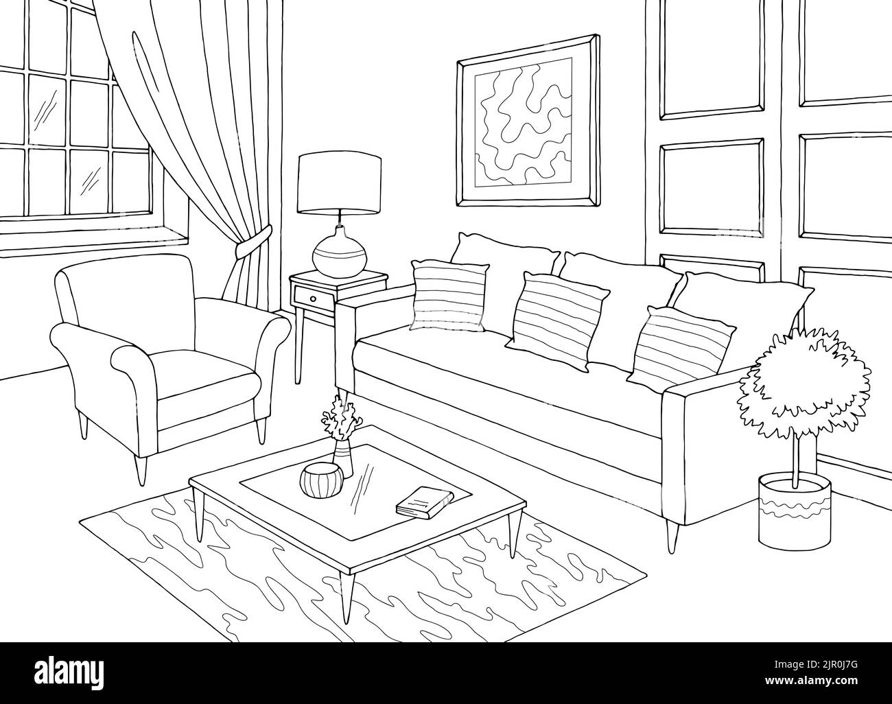 Illustration vectorielle d'esquisse intérieure noire blanche dans le salon Illustration de Vecteur