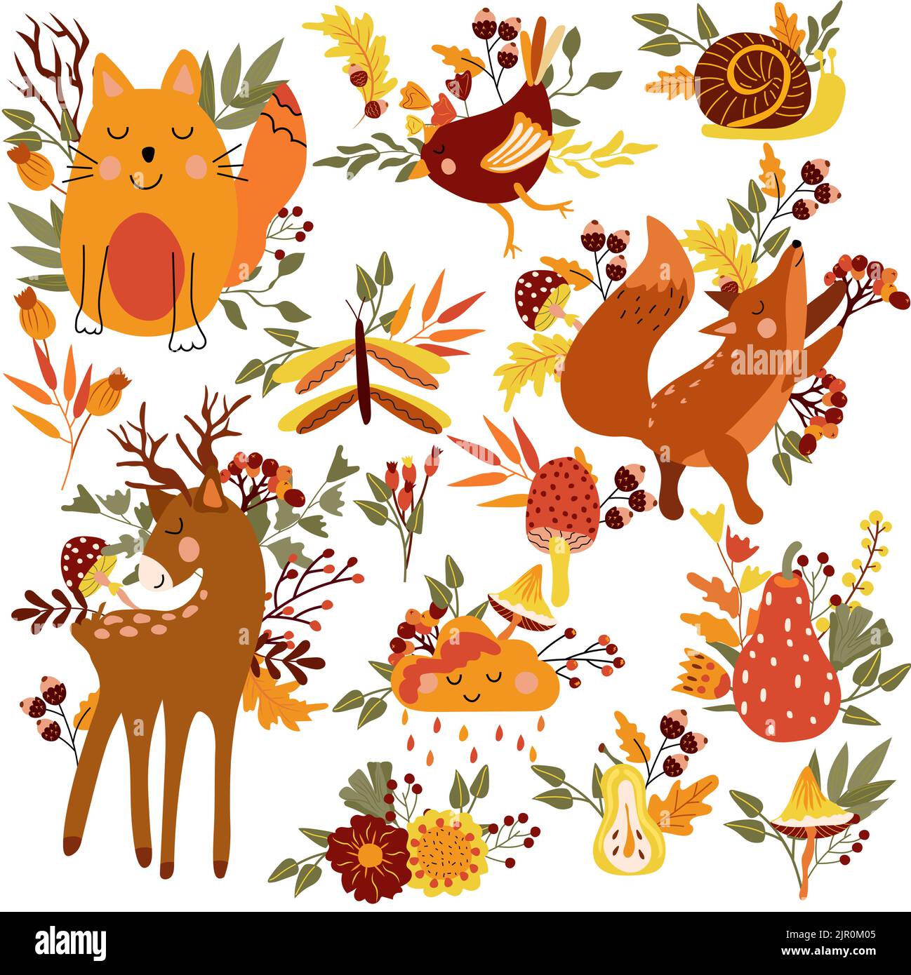 Animaux de la forêt mignons et éléments d'automne, renard naissant, chat drôle, oiseau, bébé cerf, Feuilles colorées, fleurs, champignons.parfait pour le web, festival de la récolte, bannière, Et Thanksgiving Illustration de Vecteur