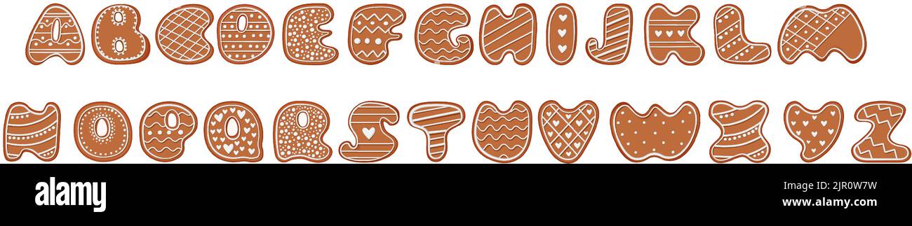Alphabet de pain d'épice. Conception typographique créative en pain d'épice. Biscuit traditionnel alphabet décoratif. Police Christmas cookie. Illustration de Vecteur