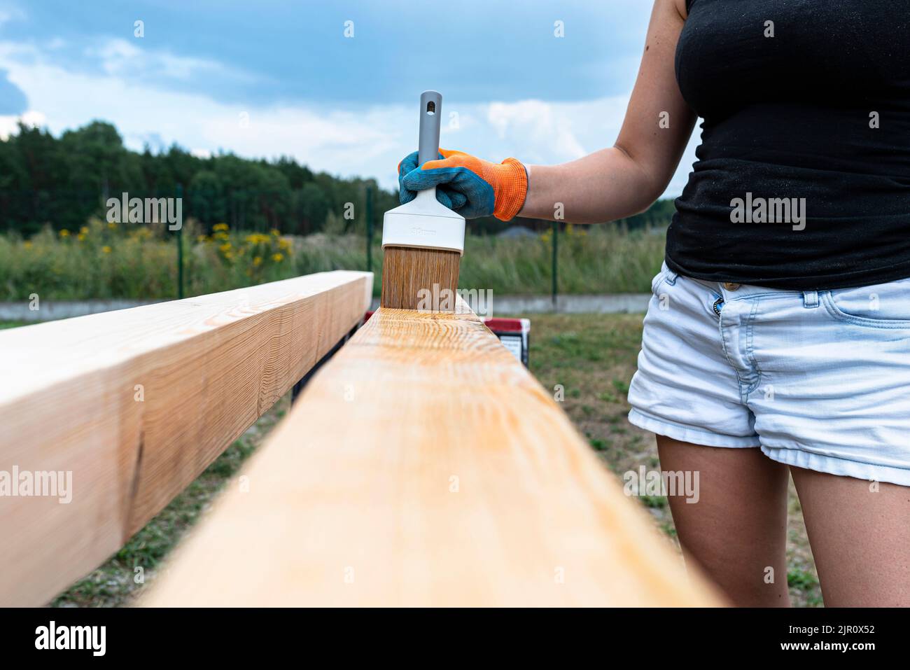La femme imprègne des poutres de pin en bois rabotées avec des dimensions de 100x100mm avec une imprégnation incolore. Banque D'Images