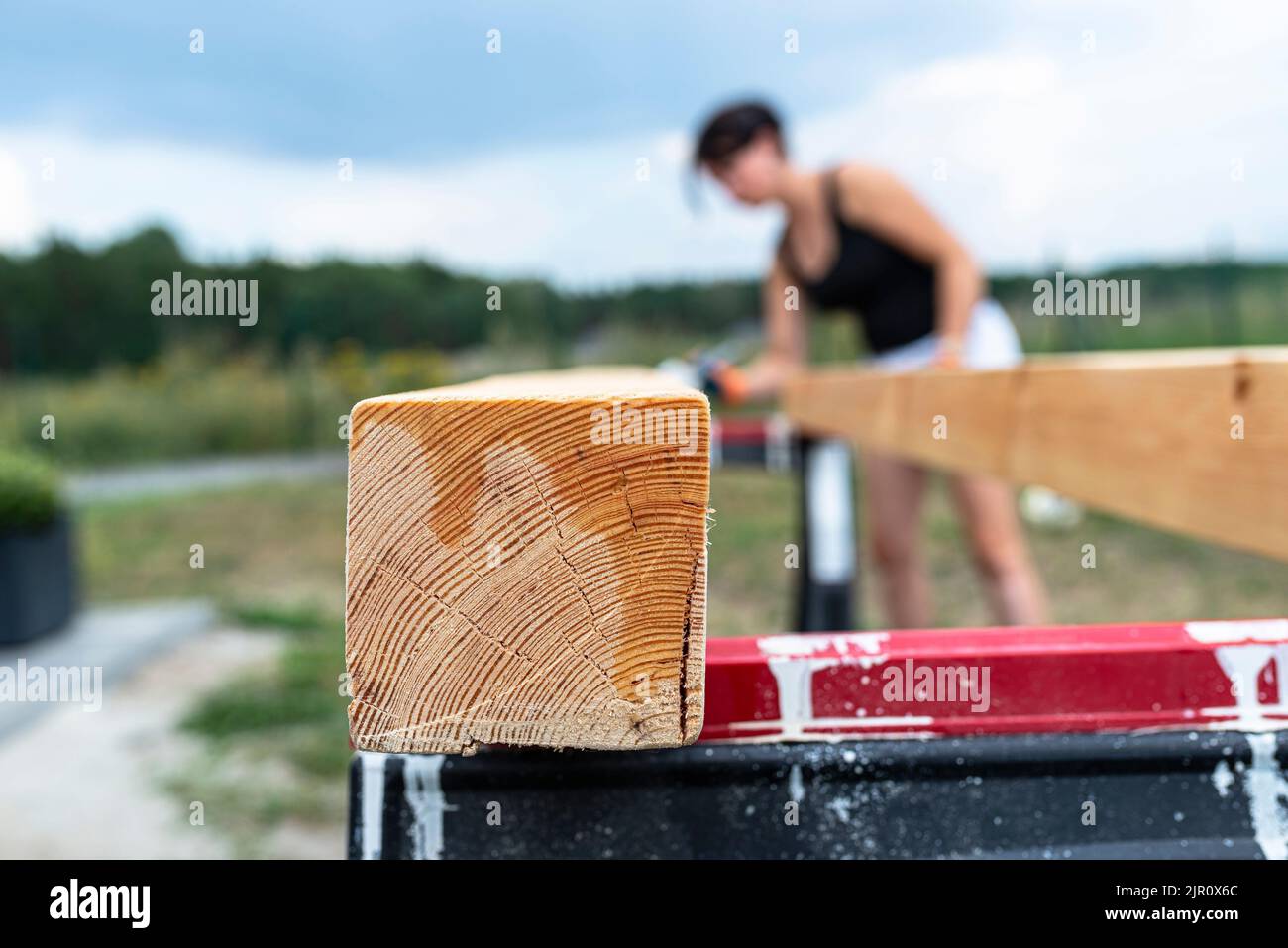 La femme imprègne des poutres de pin en bois rabotées avec des dimensions de 100x100mm avec une imprégnation incolore. Banque D'Images