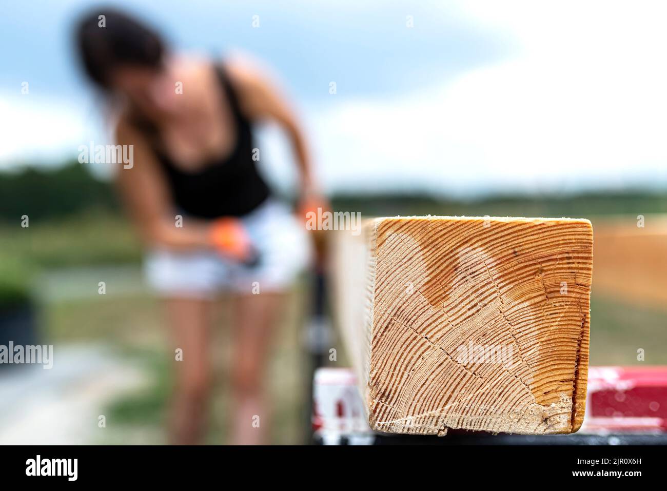 La femme imprègne des poutres de pin en bois rabotées avec des dimensions de 100x100mm avec une imprégnation incolore. Banque D'Images