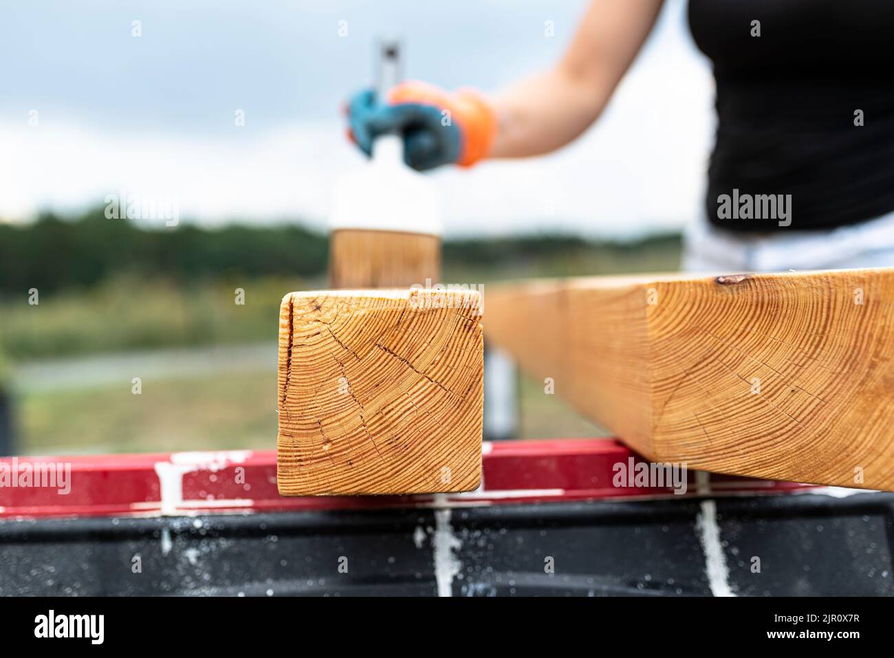 La femme imprègne des poutres de pin en bois rabotées avec des dimensions de 100x100mm avec une imprégnation incolore. Banque D'Images