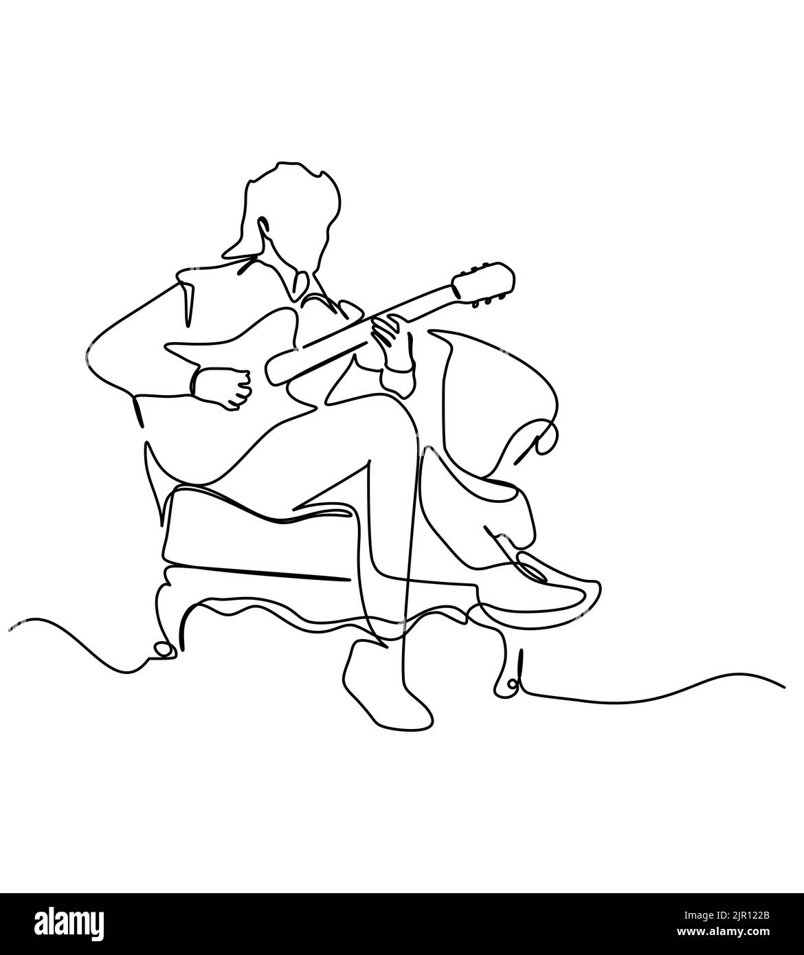 Un guitariste mâle joue un instrument de musique de guitare tout en étant assis sur la chaise. Mise en plan continue sur une seule ligne. Illustration vectorielle pour le concept musical Illustration de Vecteur