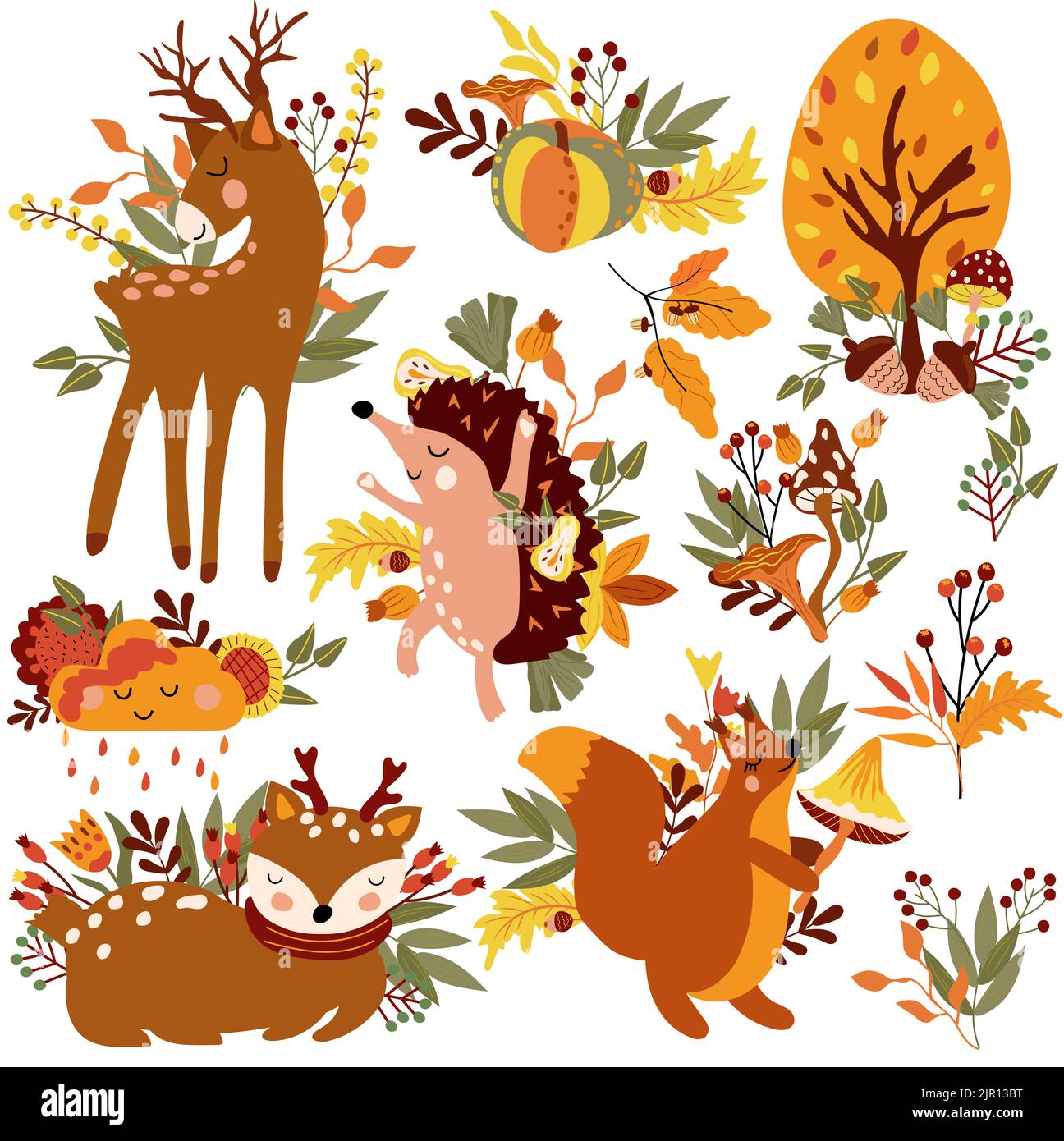 Ensemble d'automne, animaux de wodland mignons et éléments automne, écureuil migneux, un hérisson dansant, nuage drôle, arbres colorés, feuilles d'automne, champignons.parfait pour la toile, Fête de la moisson, bannière et action de grâce Illustration de Vecteur
