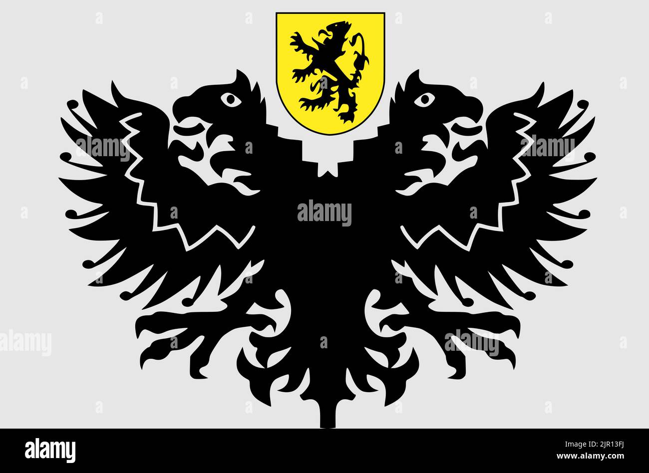 Vue de dessus du drapeau Lo Reninge, Belgique. Concept de voyage et de patriote belge. Pas de mât. Plan, conception. Arrière-plan drapeau Banque D'Images