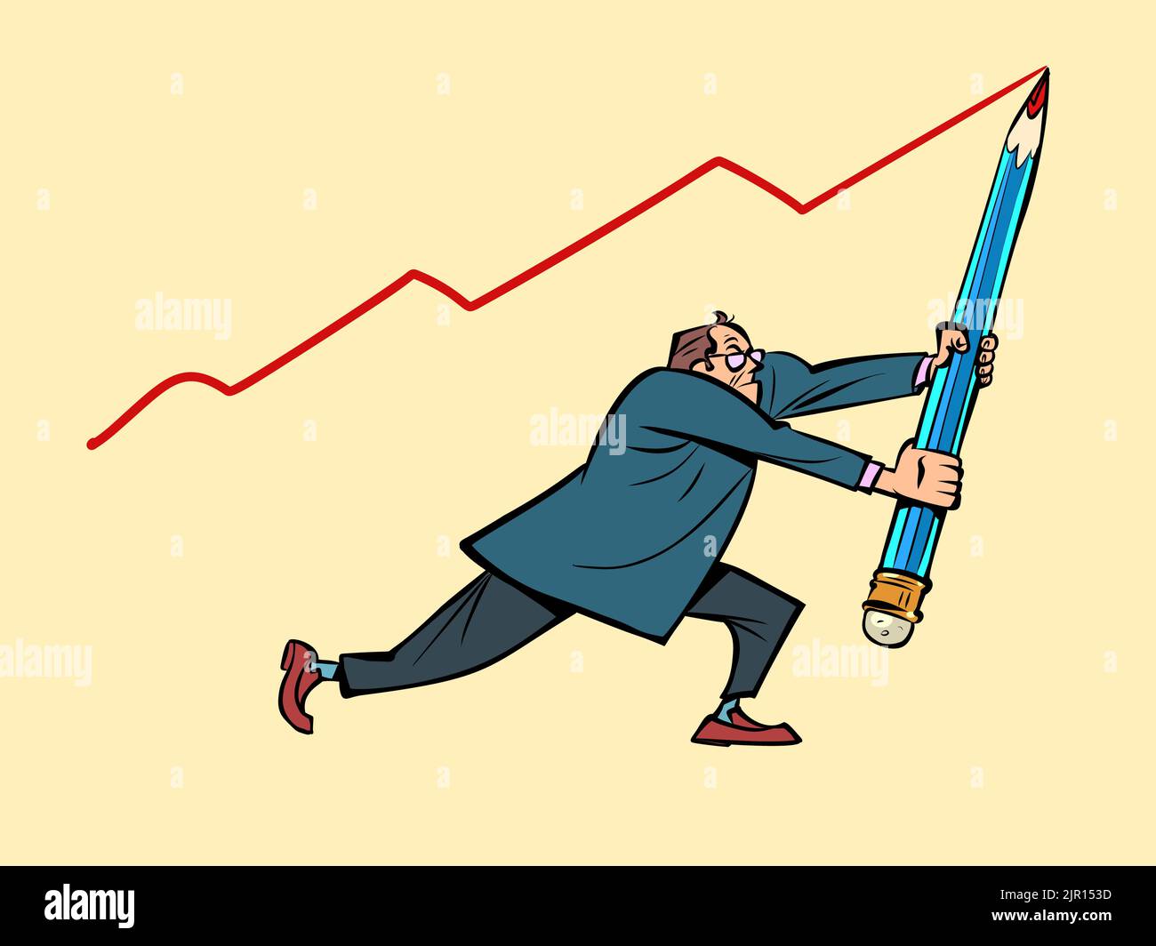 un homme d'affaires dessine un graphique des ventes avec un grand crayon, le concept des indicateurs économiques Illustration de Vecteur