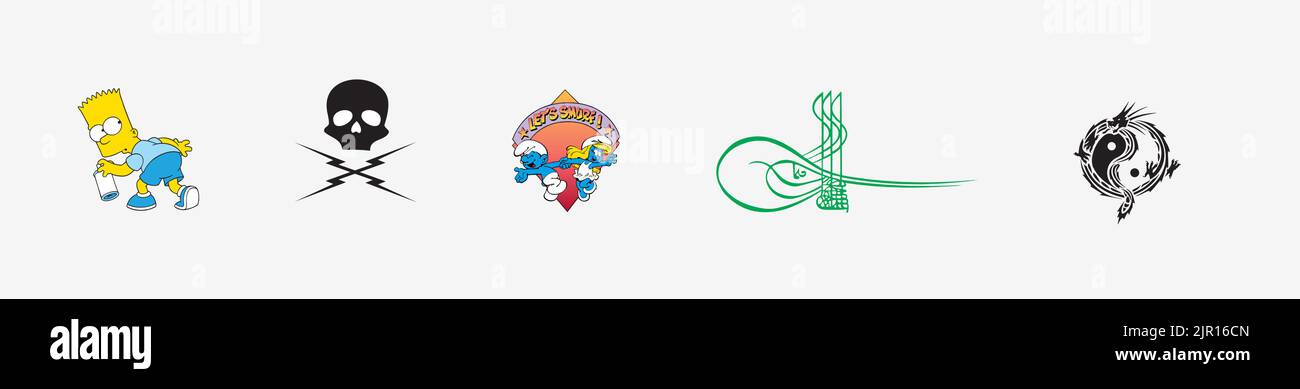 Ensemble de logos pour les arts et le design : logo du crâne résistant à la mort, logo du dragon yin yang, let's Smurf! Logo, logo Bart Simpson, logo Tuğra Kanuni sultan süleyman Illustration de Vecteur