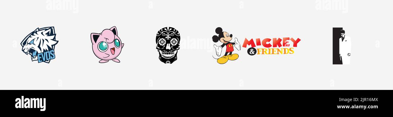 Ensemble de logos artistiques et de design : logo Scarface, logo Jigglypuff, logo Mickey & Friends, logo Mexican Skull, logo Evos, vecteur de logo Arts et Design. Illustration de Vecteur