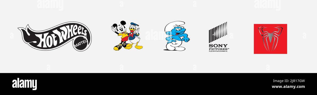 Ensemble de logos artistiques et design : logo mickey Mouse et donald Duck, logo Hot Wheels, logo Smurf, logo Spider-Man, logo Sony Pictures Entertainment. Illustration de Vecteur