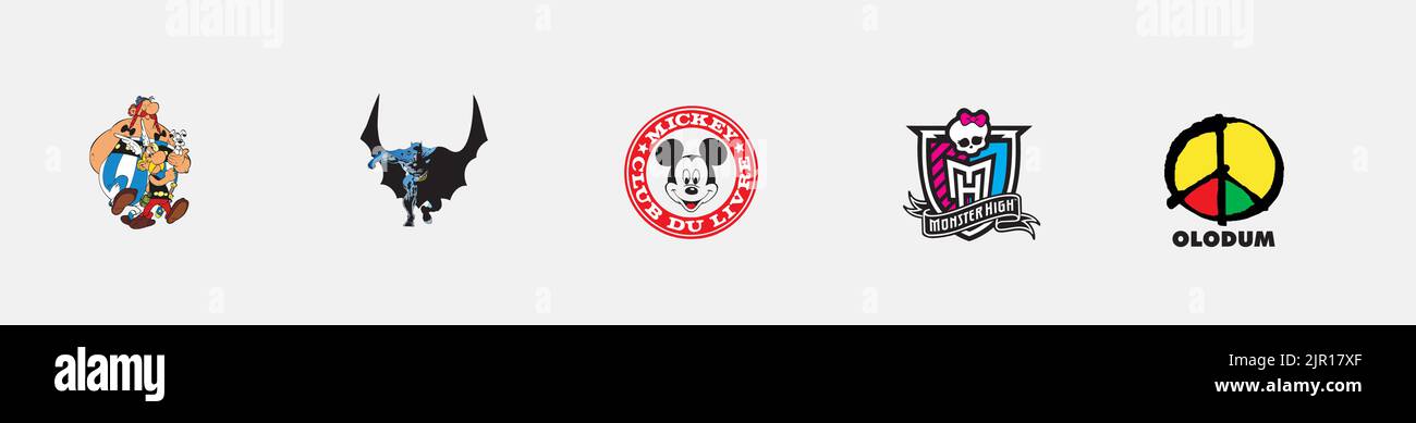 Ensemble de logos pour les arts et le design : logo Monster High, logo Olodum, logo Batman, logo Mickey Club du Livre, Astérix, logo Obelix & Idefix, arts et design Illustration de Vecteur