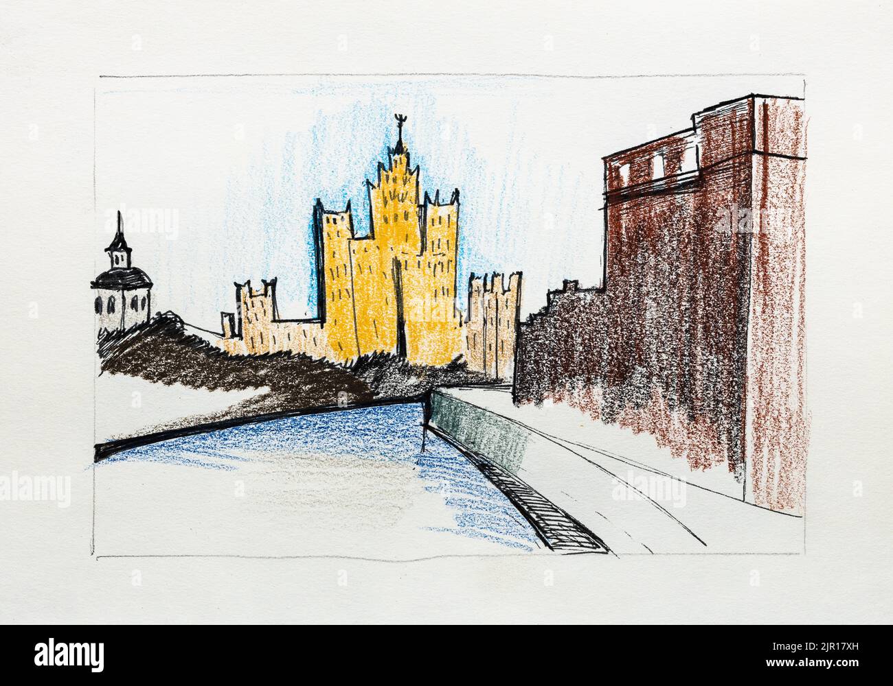 Paysage urbain de Moscou dessiné à la main avec la rivière Moskva et des sommets karstiques gratte-ciel dans le comté de Yangshuo chinois, avec un stylo noir et des crayons de couleur sur l'ancienne PAP texturée Banque D'Images