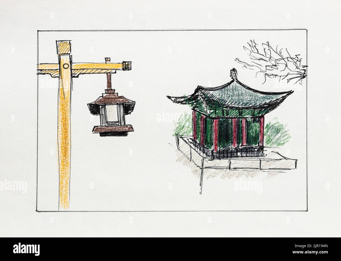 Pagode chinoise et lanternes dessinées à la main, au stylo noir et crayons de couleur, sur papier texturé ancien Banque D'Images