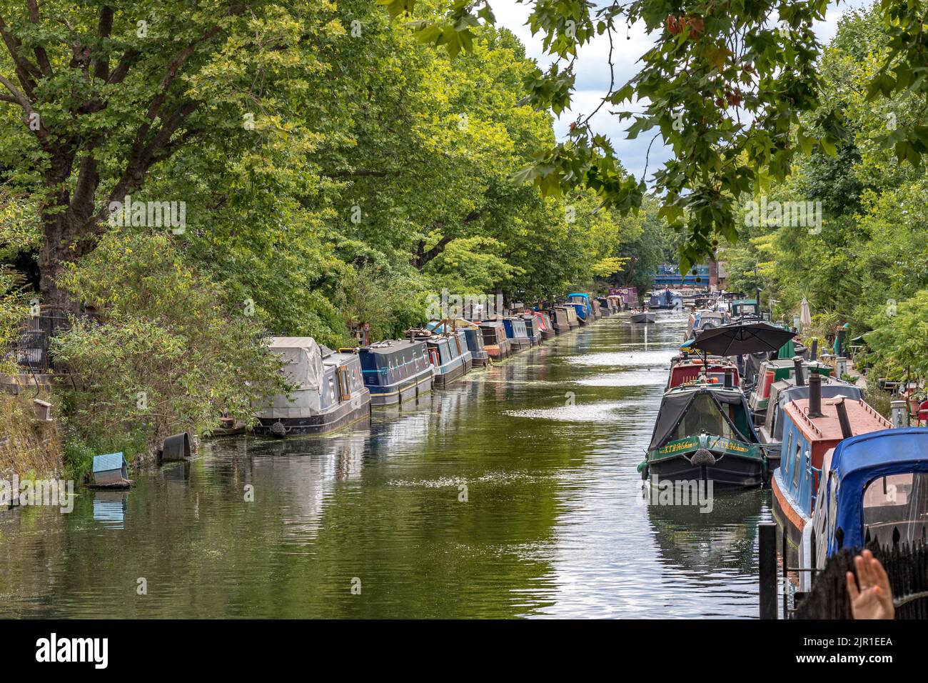 Une longue ligne de bateaux étroits amarrés le long des rives du canal Regents, près de Little Venice, longeant Blomfield Road, Maida Vale, Londres W9 Banque D'Images