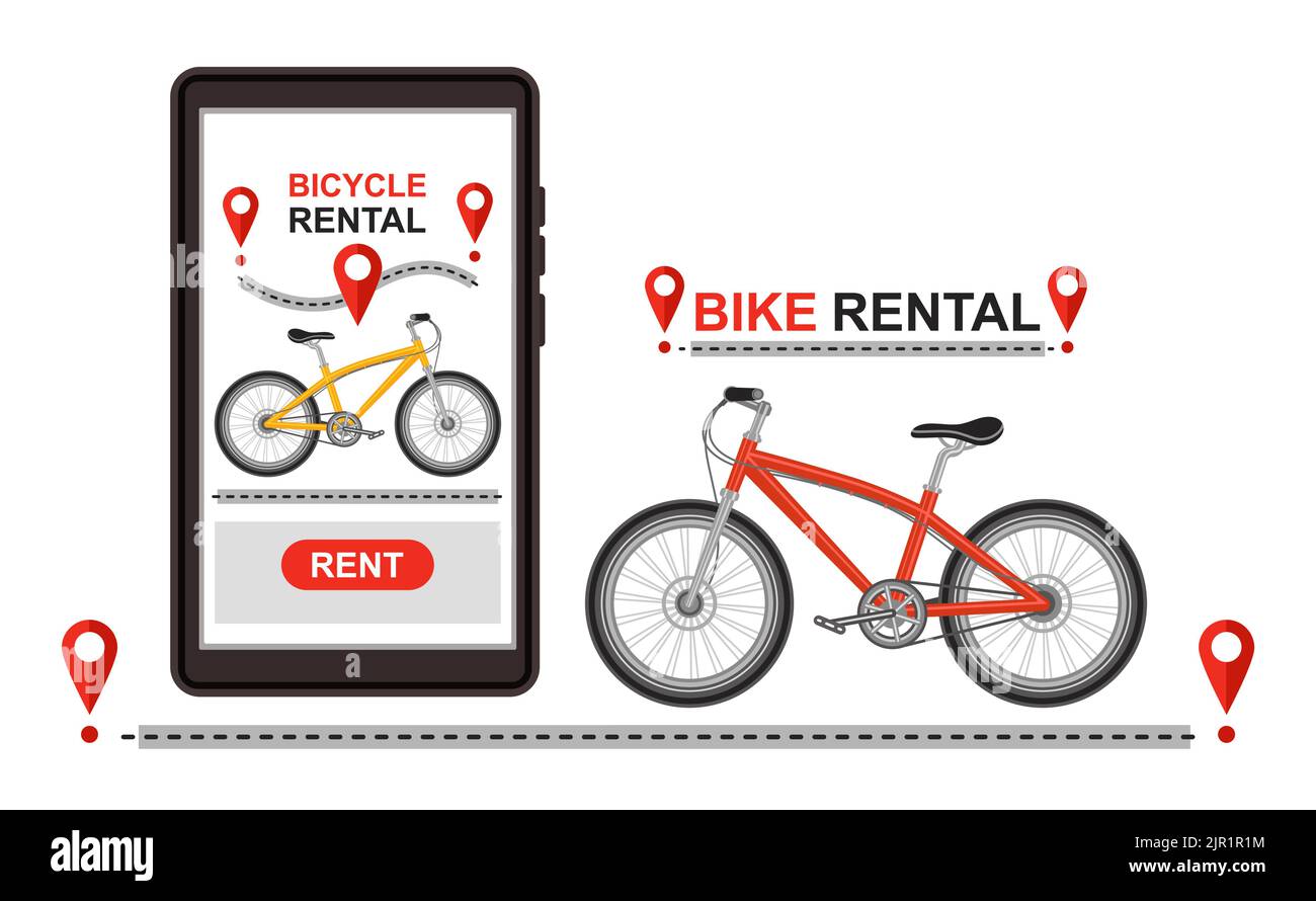 Service de location de vélos, application mobile publique de partage de vélos. Station de location de vélos, parking de location de vélos. Vélo, transport sur rue. Itinéraire sur le téléphone. Vecteur Illustration de Vecteur