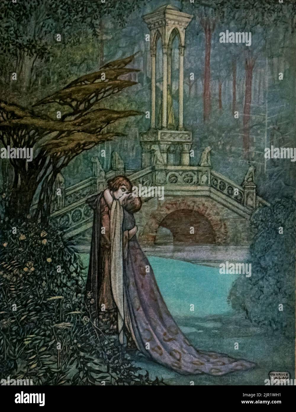 Sous les arbres il la pressa à son coeur sans un mot du livre ' le romantisme de Tristram et Iseult ' de Bédier, Joseph, 1864-1938; Simmonds, Florence; Peint par Lalau, Maurice Date de publication 1910 Editeur Londres : William Heinemann ; Philadelphie, PA : J.B. La compagnie Lippincott Tristan et Iseult (AKA Tristan et Isolde) est une romance chivalrique médiévale racontée dans de nombreuses variations depuis le 12th siècle. Basé sur une légende celtique et peut-être d'autres sources, l'histoire est une tragédie sur l'amour illicite entre le chevalier cornoueux Tristan et la princesse irlandaise Iseult. Il représente Tris Banque D'Images