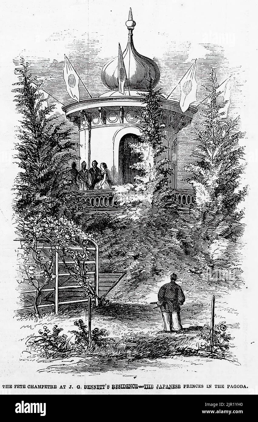 La tête de champète à la résidence de James Gordon Bennett - les princes japonais dans la pagode. 21 juin 1860. Ambassade du Japon aux États-Unis. Illustration du 19th siècle du journal illustré de Frank Leslie Banque D'Images