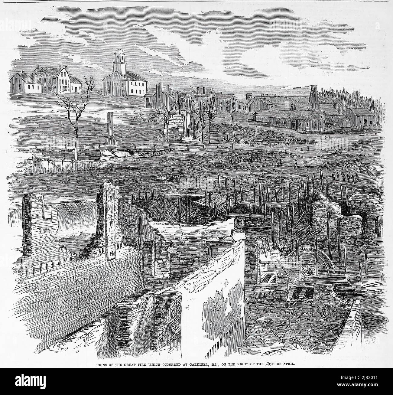 Ruines du grand feu qui s'est produit à Gardiner, Maine, la nuit de 25 avril 1860. Illustration du 19th siècle du journal illustré de Frank Leslie Banque D'Images