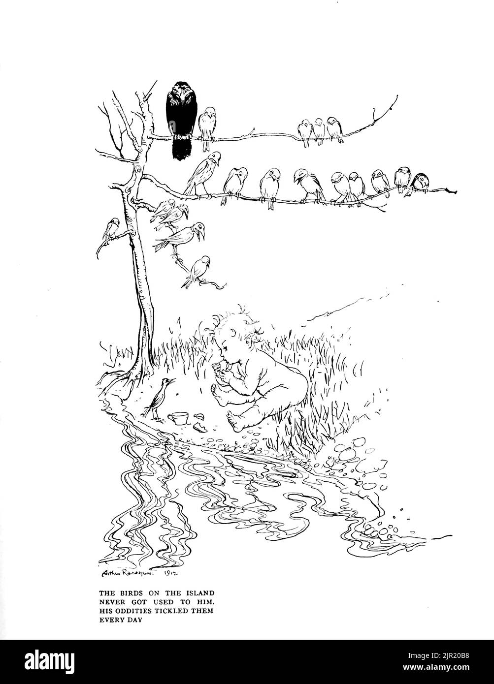 LES OISEAUX DE L'ÎLE NE LUI ONT JAMAIS ÉTÉ HABITUÉS. SES BIZARRERIES LES TICKÈRENT TOUS LES JOURS du livre « Peter Pan in Kensington Gardens » de « The Little White Bird » de Barrie, J. M (James Matthew) 1860-1937, illustré par Arthur Rackham Publisher Hodder & Stoughton 1910 Banque D'Images
