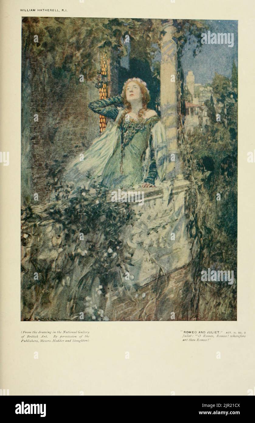 ROMÉO ET JULIETTE Act II. sc. 2 Juliette : O Romeo, Romeo] où es-tu Roméo ? Par WILLIAM HATHERELL du livre « Shakespeare in pictural art » de Salaman, Malcolm Charles, 1855-1940; Holme, Charles, 1848-1923 Date de publication 1916 Publisher London, New York [etc.] : 'The Studio' ltd. Banque D'Images