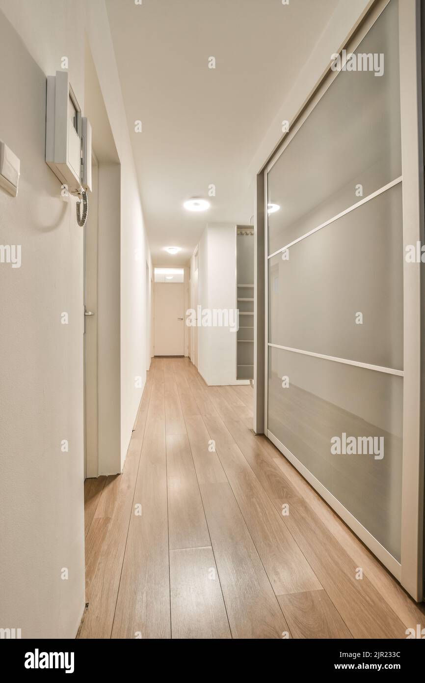 Intérieur moderne plat de style minimaliste avec couloir vide étroit éclairé par des lampes Banque D'Images