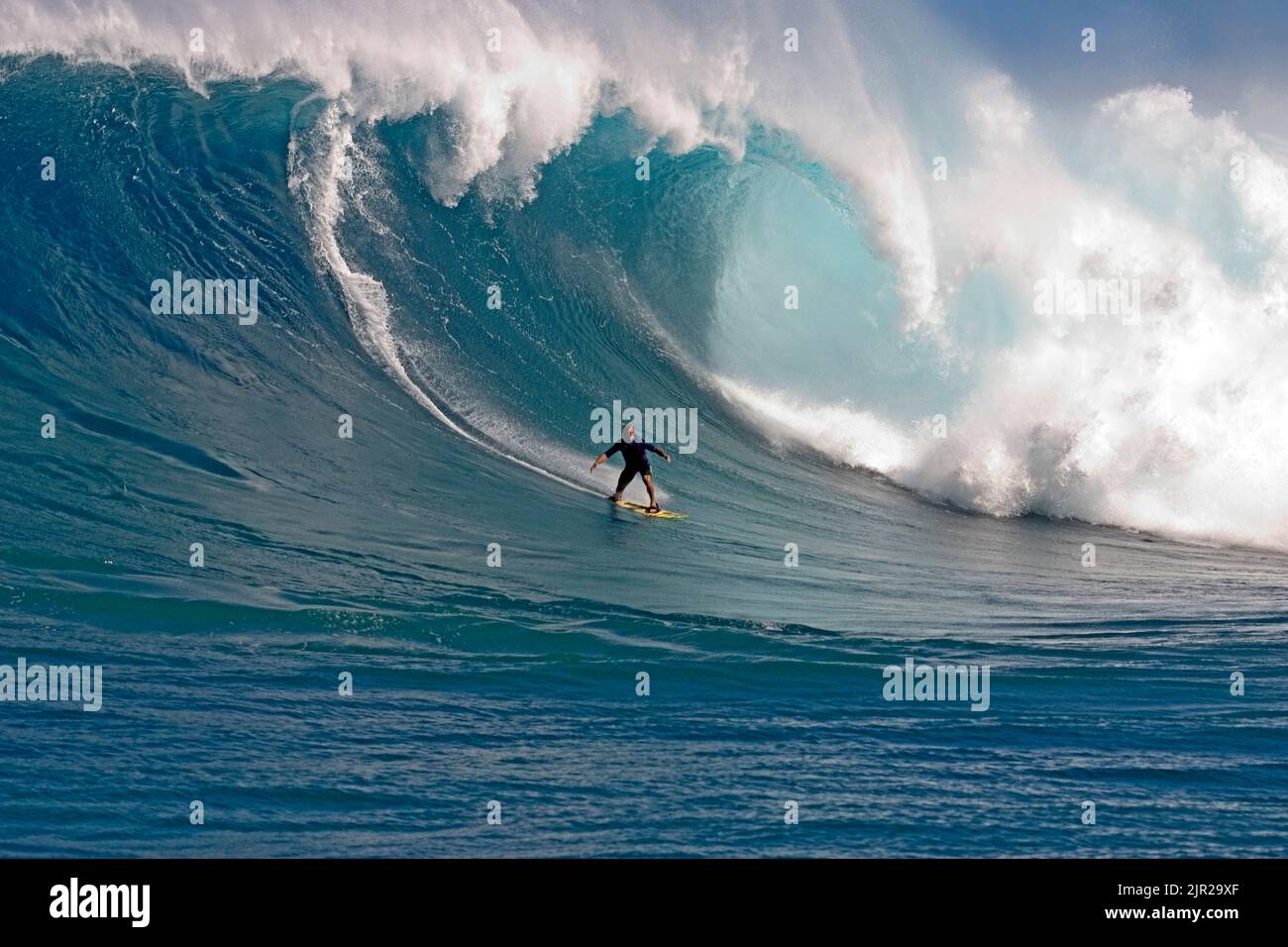 Un œillet de surfer en chute à la boucle de Hawaii's big surf à Peahi (Mâchoires) au large de Maui. Banque D'Images