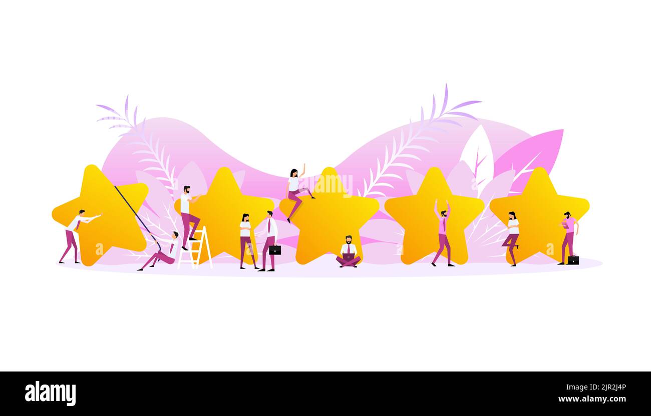 Avis du client avec une icône en forme d'étoile dorée sur l'écran de l'ordinateur portable. Les gens dans le style plat. Illustration vectorielle Illustration de Vecteur Avis du client avec une icône en forme d'étoile dorée sur l'écran de l'ordinateur portable. Les gens dans le style plat. Illustration vectorielle Illustration de Vecteur