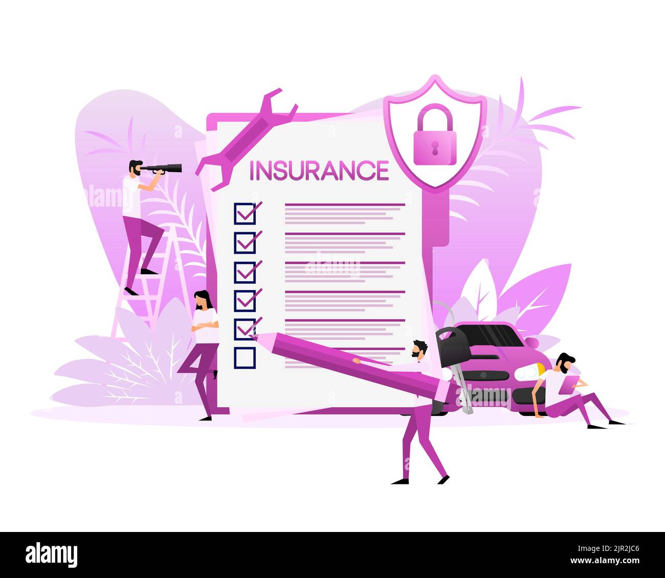 Les gens dans le style plat. Icône d'assurance automobile sur fond bleu. Illustration vectorielle isométrique plate Illustration de Vecteur