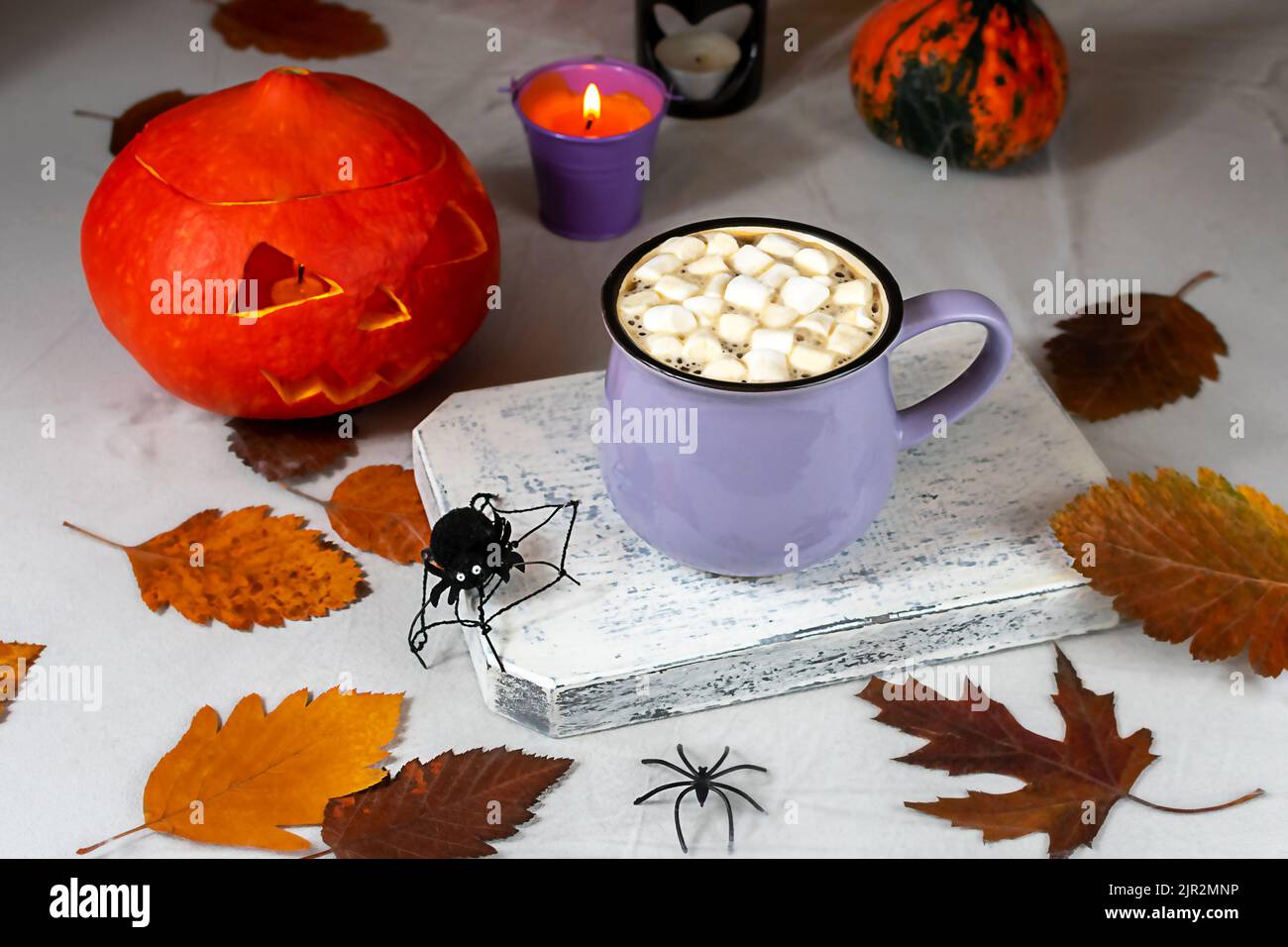 Citrouille pour Halloween avec une tasse de café et des biscuits sur le fond d'un mur avec des fantômes, des chauves-souris, des araignées, des bougies, des citrouilles, feuilles. Sélectif Banque D'Images