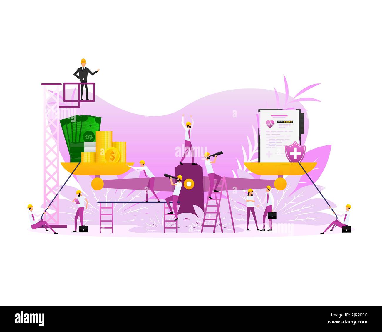 L'assurance médicale fixe pèse l'argent pour la conception médicale. Conception plate Illustration de Vecteur