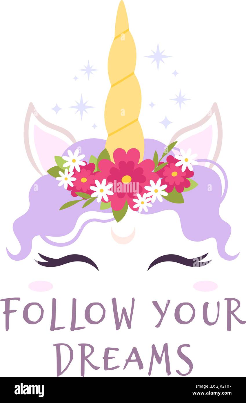 Joli imprimé girly sur le visage du licorne. Drôle de fée poney masque, animal magique avec l'affiche de phrase positive. Autocollant moderne pour t-shirt d'été pour bébé, vecteur racé Illustration de Vecteur